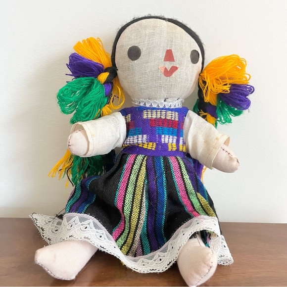 Vintage Handcrafted Mexican Girl Doll Stuffed Posable 8 Inches Traditional Dress - Picture 2 of 7